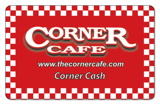 corner cafe logo on a red and white checkered background